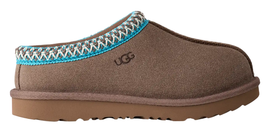 Brown UGG slippers with a decorative strap on a white background