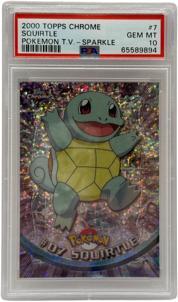 Pokémon trading card featuring Squirtle in a protective case with Topps branding.
