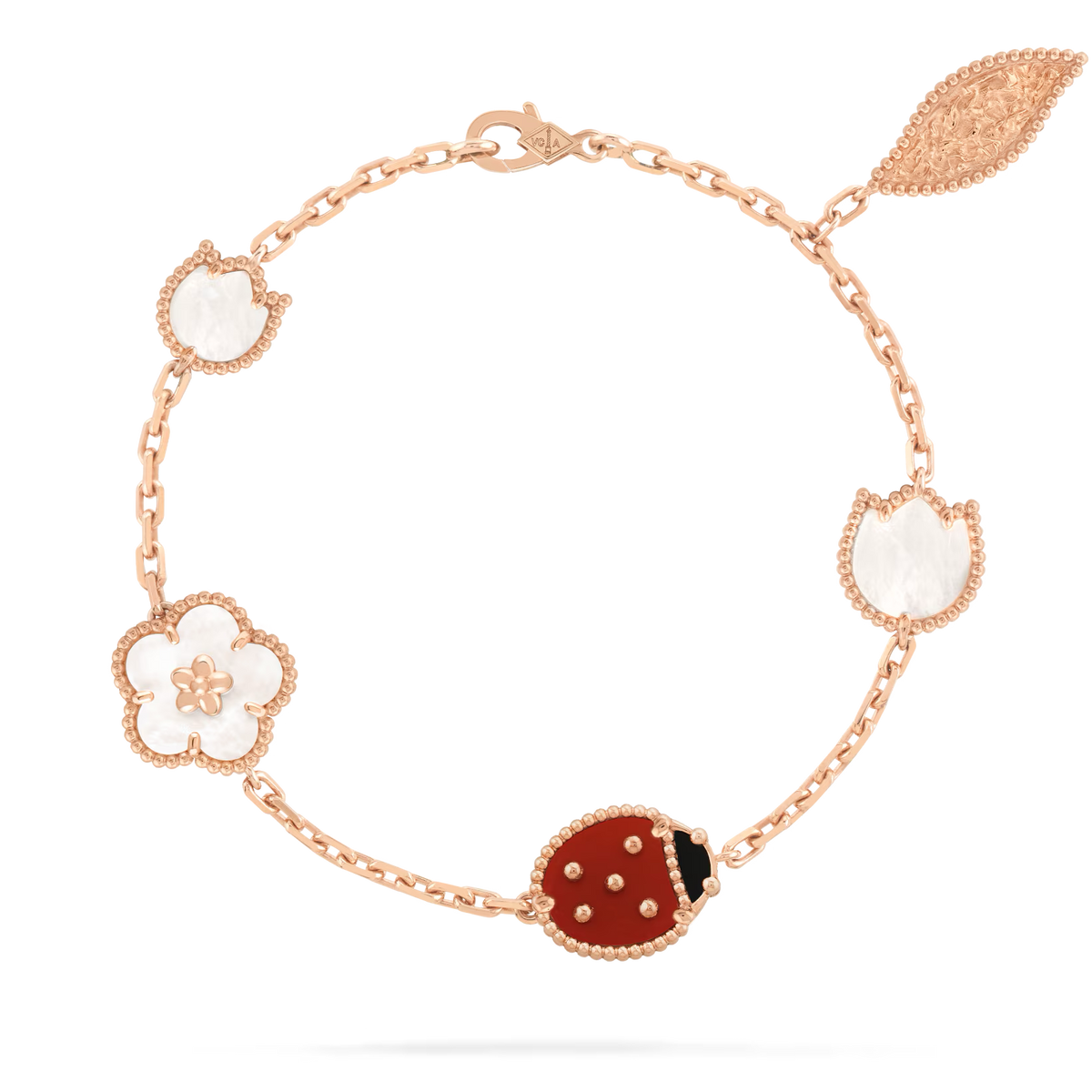 Van Cleef & Arpels Lucky Spring bracelet, 5 motifs 18K rose gold, Carnelian, Mother-of-pearl, Onyx