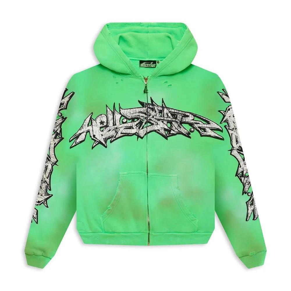 Hellstar Hellstar Graffiti Zip-Up Hoodie Green — $600.0 Hellstar Hellstar Graffiti Zip-Up Hoodie Green — $600.0