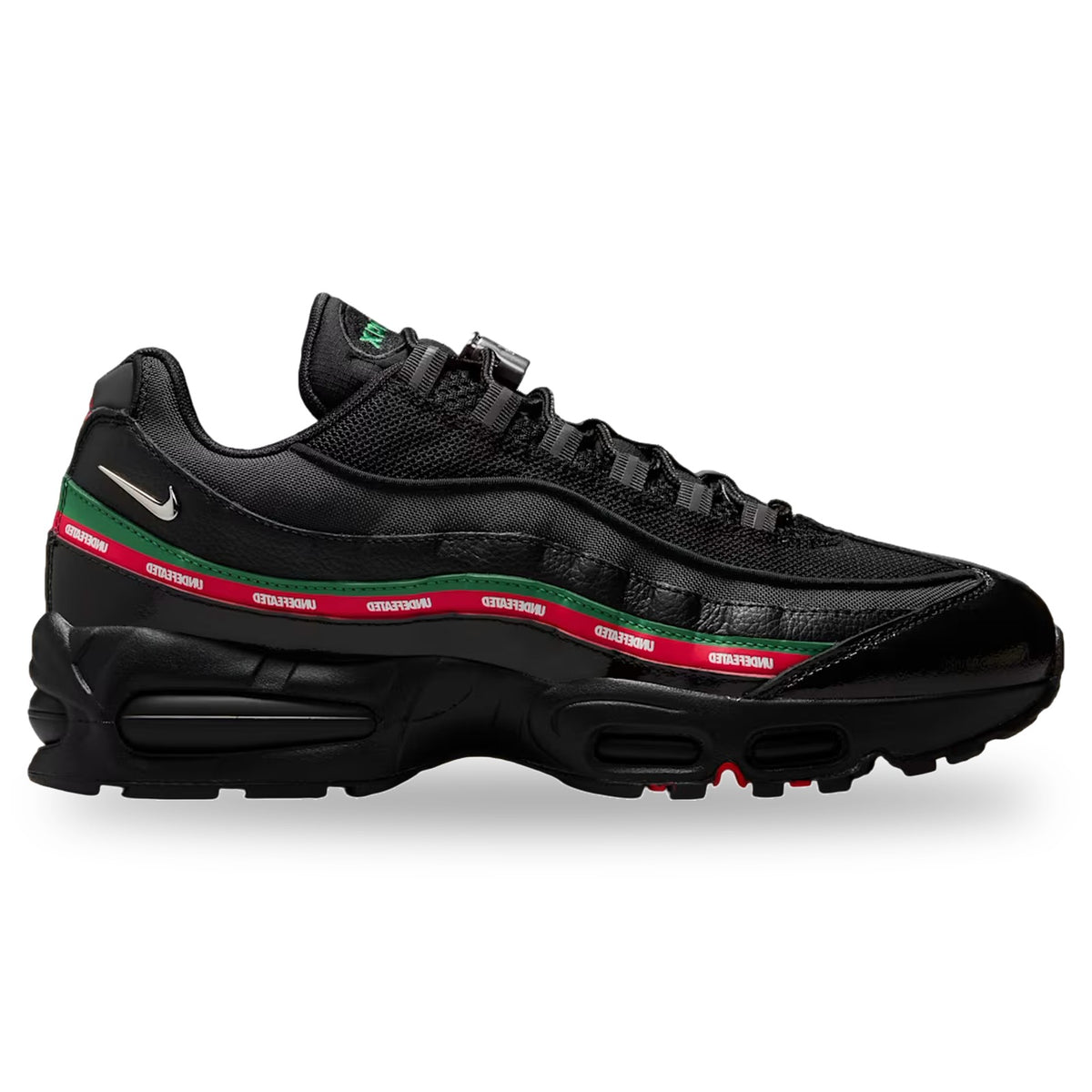 Black sneaker with red and green stripes on a white background