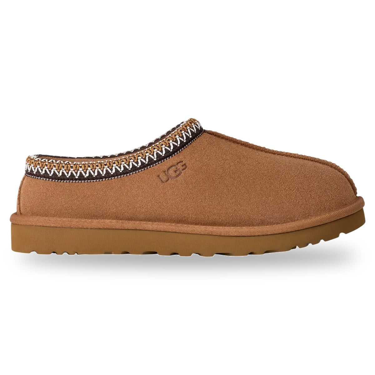 Brown slipper with decorative trim on a white background