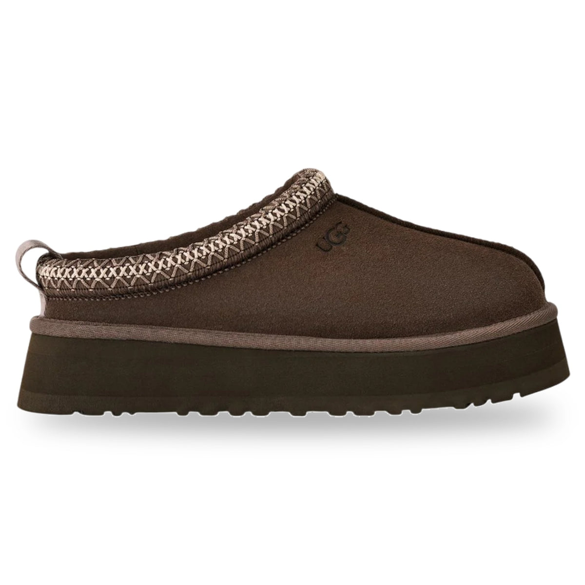 Brown slipper with decorative trim on a white background