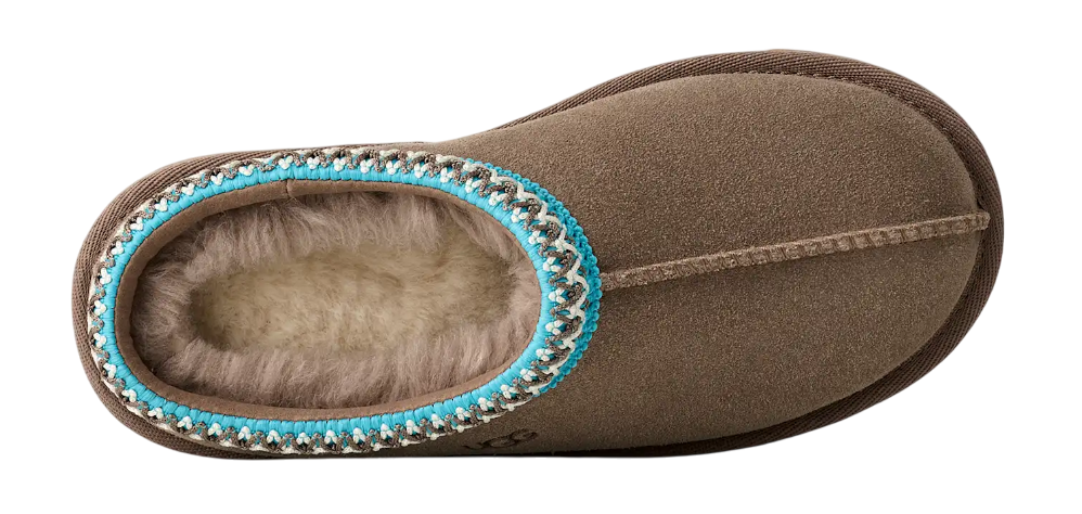 Brown slipper with turquoise trim on a white background