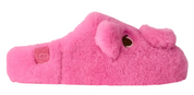 Pink fuzzy slipper with a bow on a white background