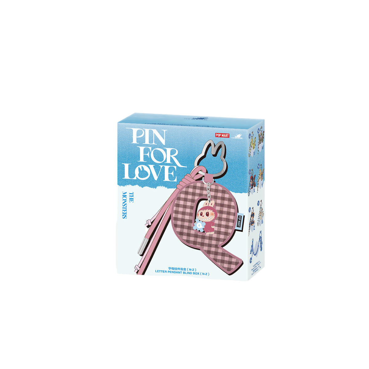 Product packaging with a checkered item and 'Pin for Love' text on a light blue background