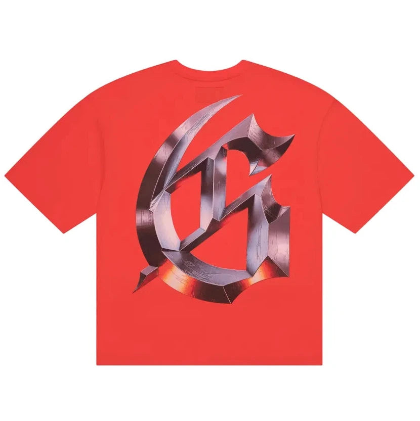 Red t-shirt with a metallic logo on a white background