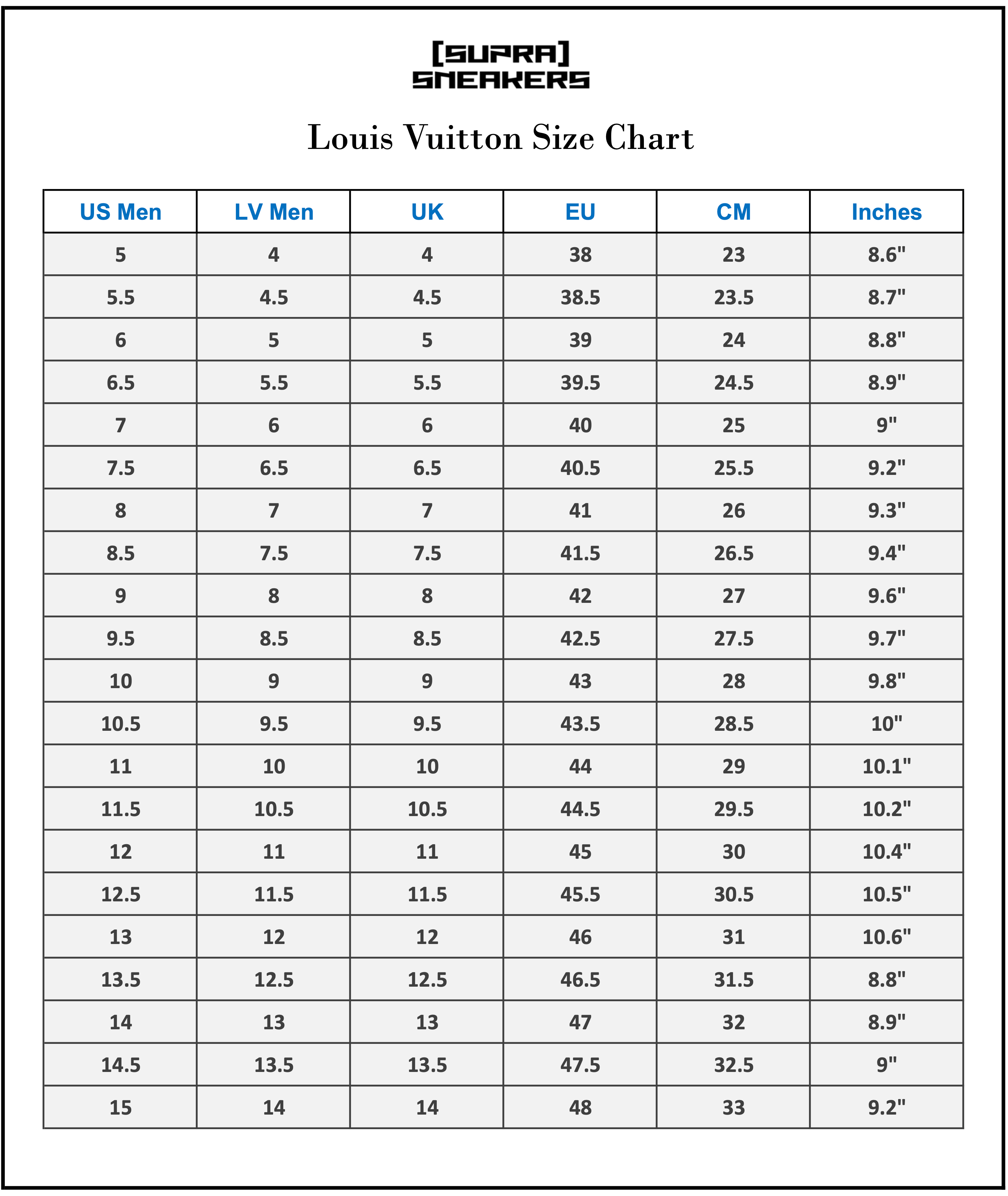 Louis Vuitton Men's Shoe Size Guide Louis Vuitton LV Trainer