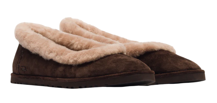 Pair of brown slippers with beige fur lining on a white background