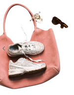 Pink handbag with white sneakers and gold jewelry on a white background - Image 5