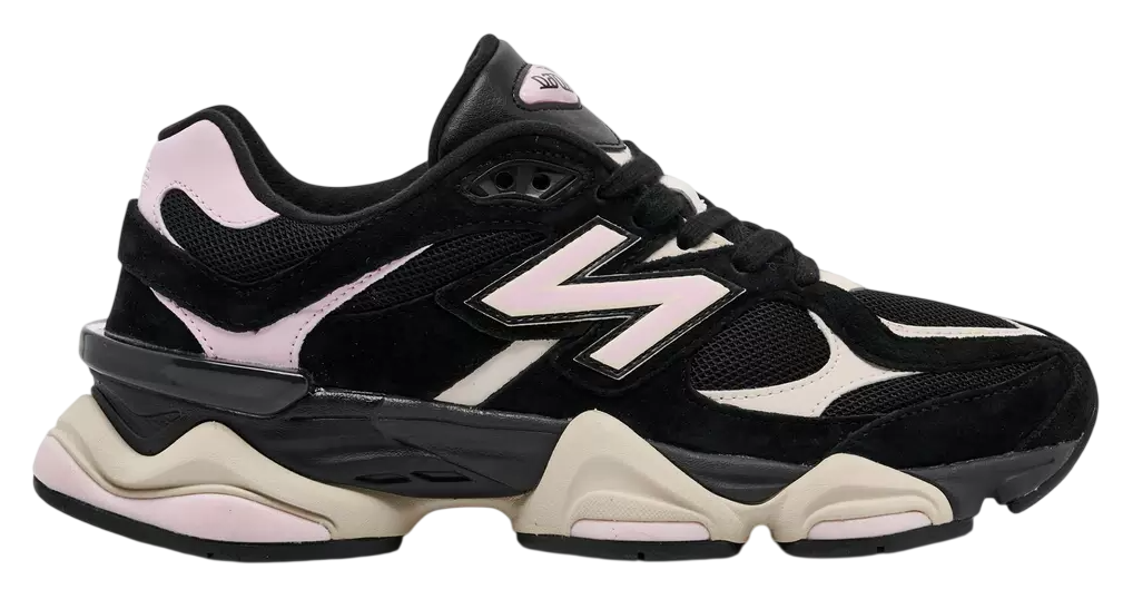 Black and pink sneaker with New Balance logo on a white background