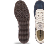 Navy and white Adidas sneakers showing sole and side view on a white background - Image 4