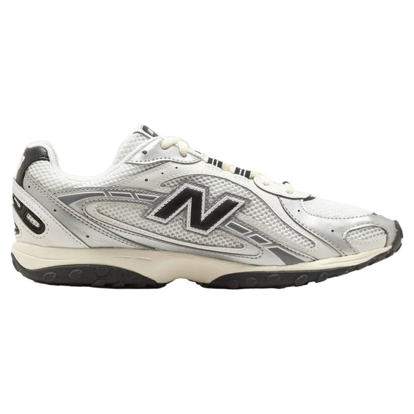 White New Balance sneaker with black logo on a white background