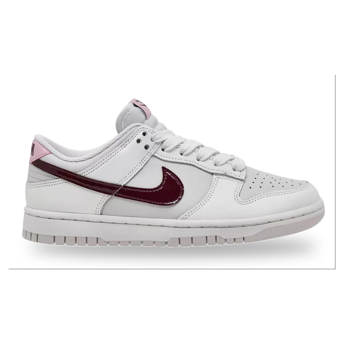 White sneaker with a maroon swoosh logo on a white background