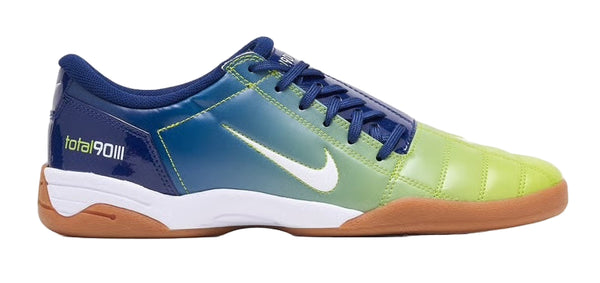 Multicolored sports shoe with brand logo on a white background