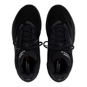 Black athletic shoes with New Balance branding on a white background