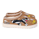 Brown slippers with cartoon characters and 'Palace' branding on a white background - Image 1